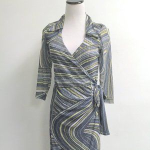 Sweet Pea mesh faux wrap print johnny collared stretch black gray green dress S